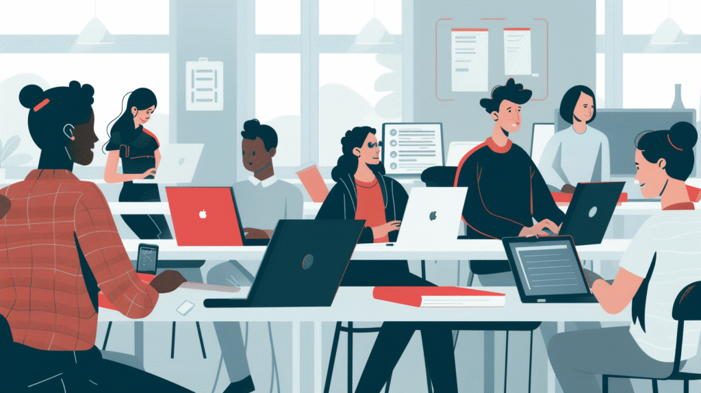 Illustration eines Teams, das gemeinsam an Laptops und Tablets ein eLearning-Konzept entwickelt, mit modernen roten Akzenten