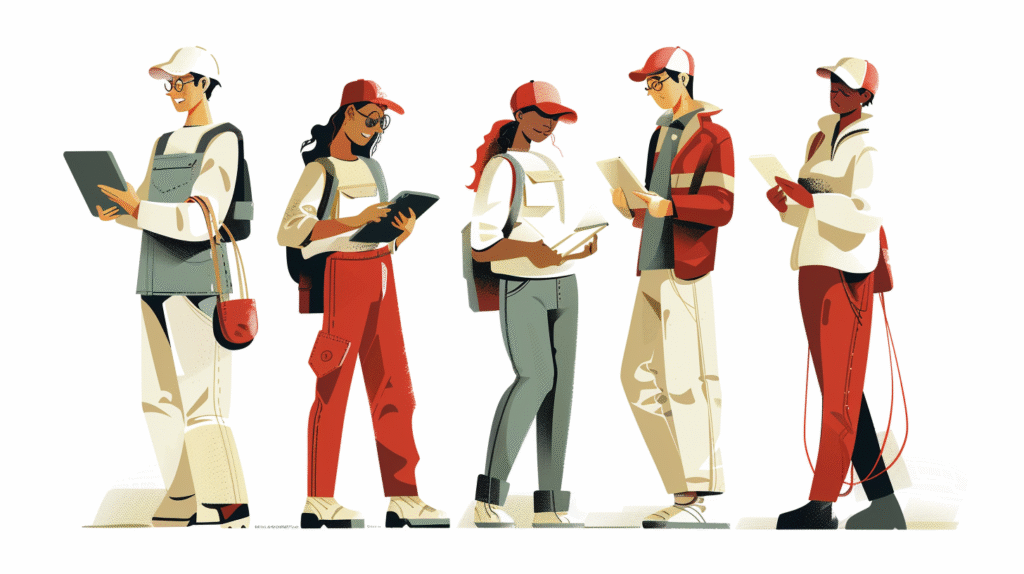 Illustration junger Auszubildender, die auf ihren Tablets und Smartphones ein eLearning absolvieren