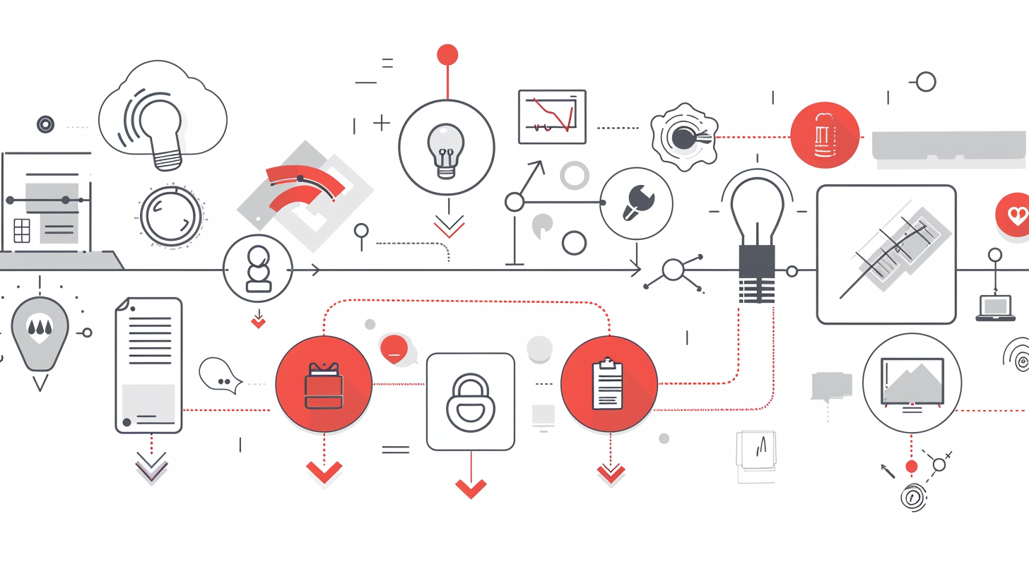 Illustration des Workflows zur Umsetzung eines eLearning-Konzepts: Symbole für Idee, Planung, Content, Umsetzung und Roll-Out, verbunden durch Pfeile.