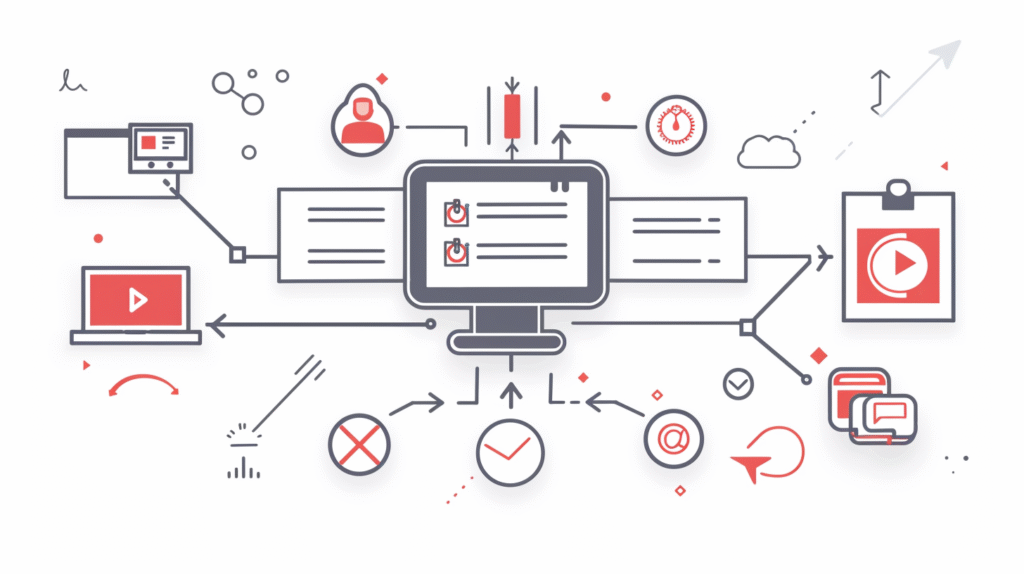 Illustration von Elementen, die zu Umsetzung eines eLearnings wichtig sind verbunden mit Pfeilen
