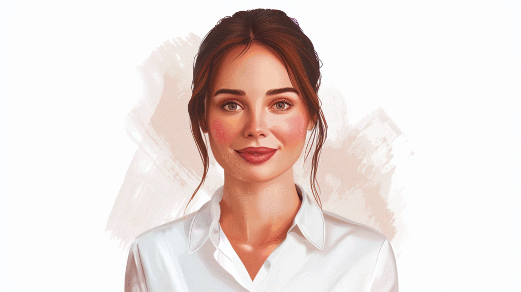 Illustration des Gesichts einer jungen Frau, die gerade ein eLearning absolviert.