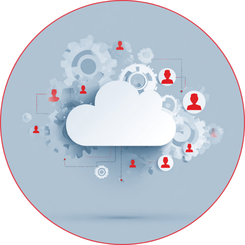 Illustration einer sicheren Cloud mit Zahnrädern und User-Symbolen.