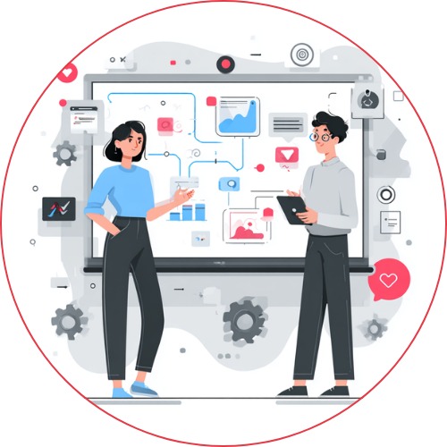 Illustration von zwei Personen vor einem digitalen Whiteboard mit Diagramm.