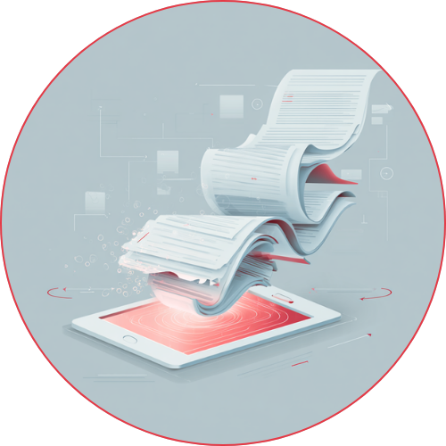 Illustration von Papierdokumenten, die sich in ein Tablet mit eLearning-Inhalten verwandeln.