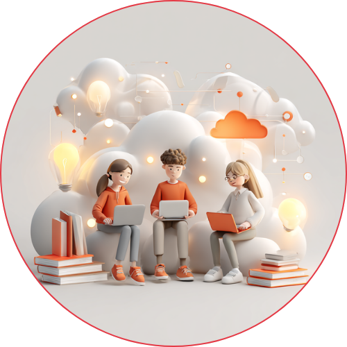 Illustration von jungen Menschen, die mit Laptops und Tablets online lernen, umgeben von digitalen Symbolen – moderne eLearning-Darstellung.