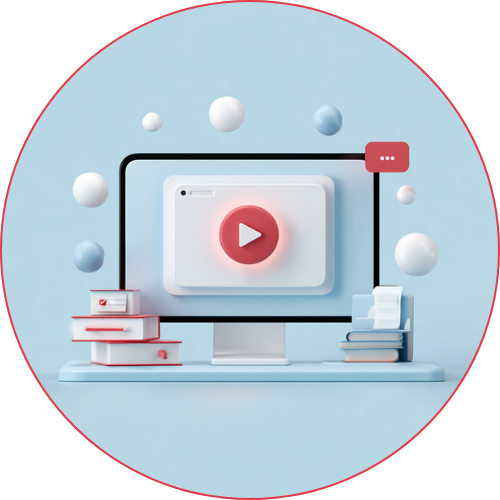 Illustration eines Monitors mit Lernsymbolen für individuelle eLearning-Module.