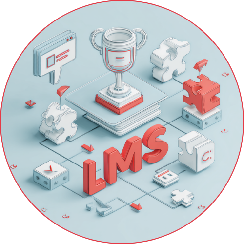 Illustration eines Quiz-Bildschirms mit Gamification-Elementen und LMS-Symbol.