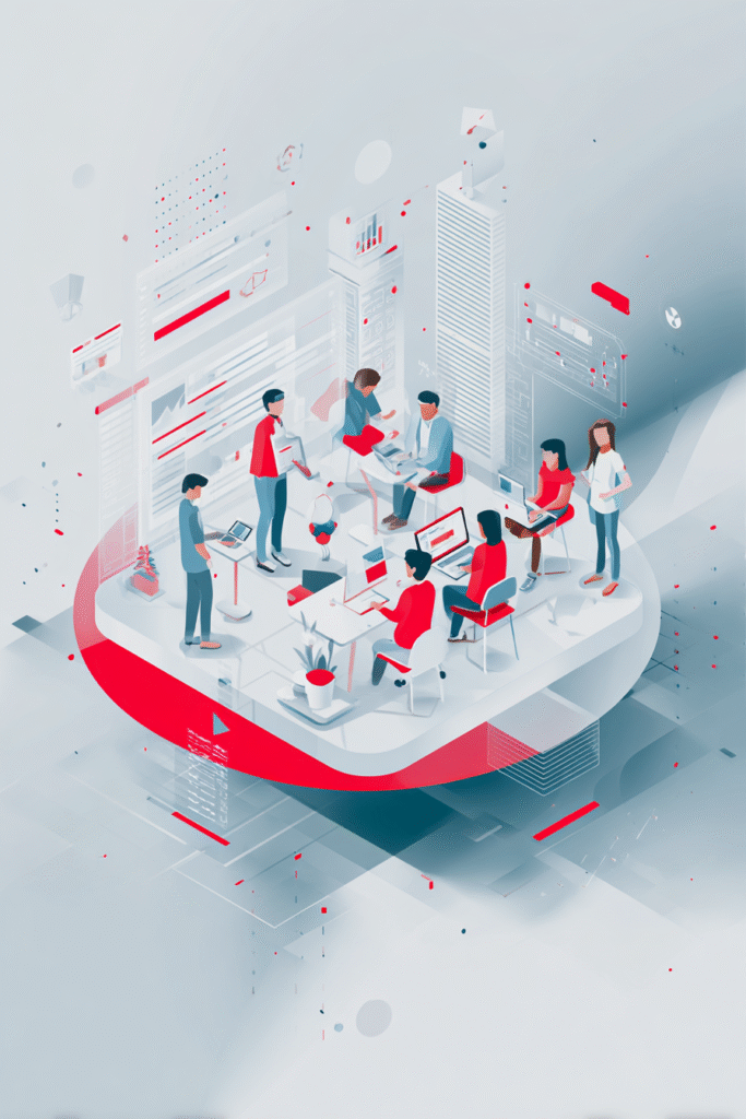 Illustration eines professionellen Teams, das gemeinsam an digitalen Lernlösungen arbeitet