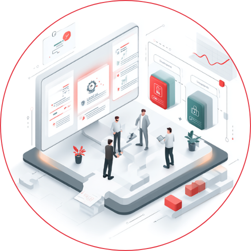 Illustration zu eLearning-Leistungen: individuelle Module, AI-gestützte Produktion und laufende Betreuung.